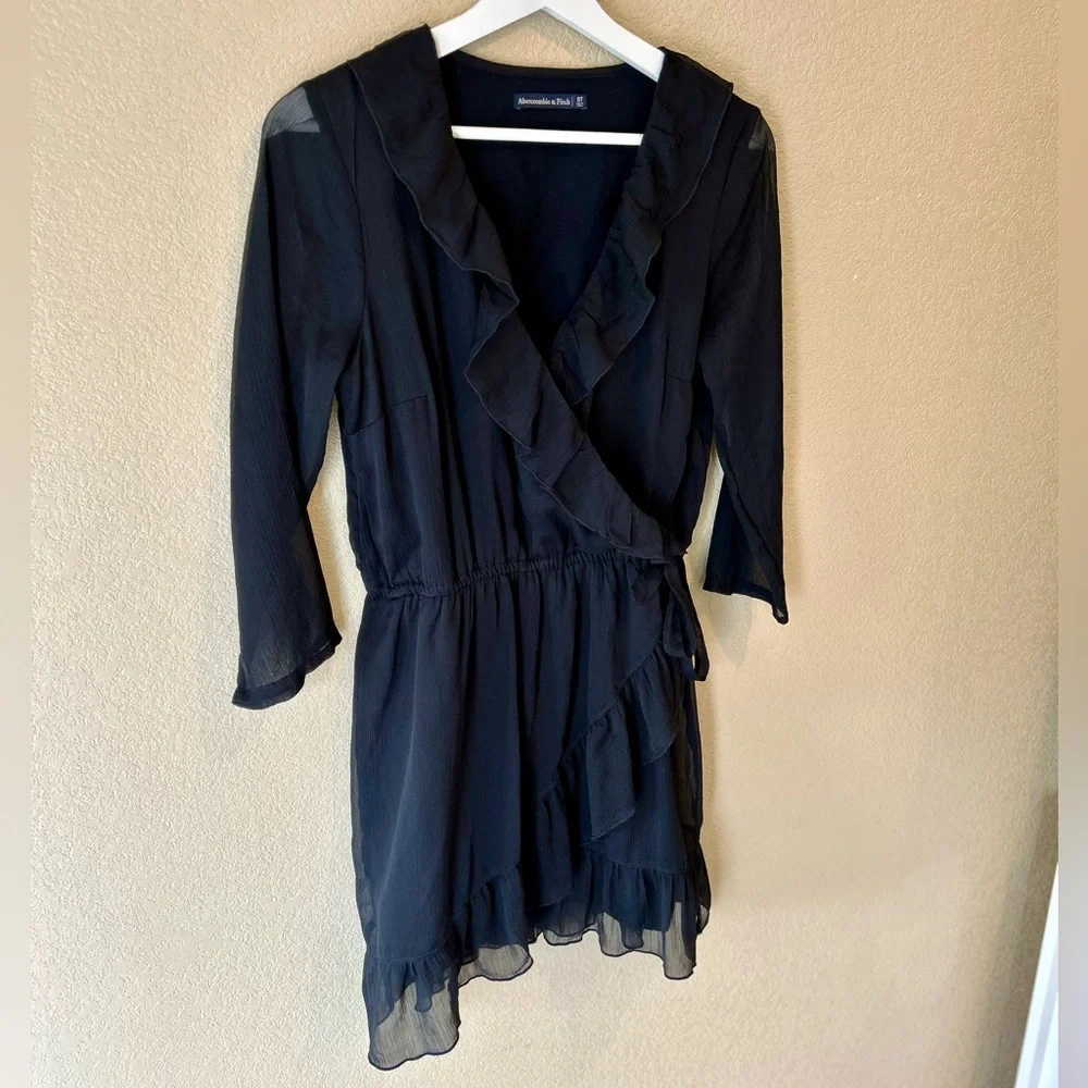 Abercrombie & Fitch Black Ruffle Wrap Long Sleeve Mini Dress Size ST - Picture 2 of 7